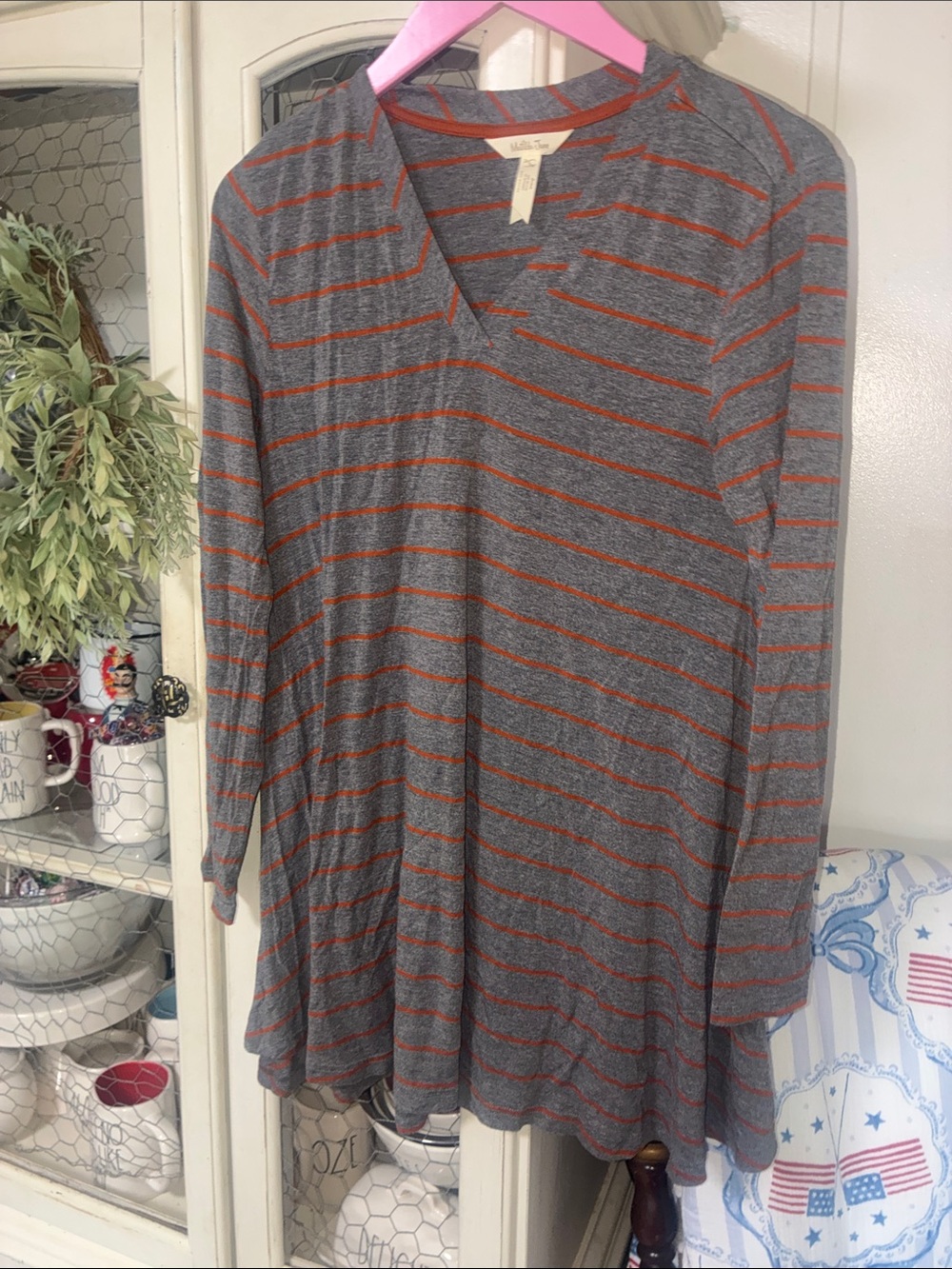 Matilda Jane Gray Tunic with Orange Stripes V-Neck